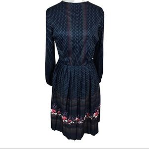 Vintage 70s Long sleeve navy blue printed dress
